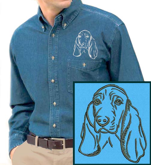 Basset Hound Portrait #1 Embroidered Men's Denim Shirt - Click Image to Close