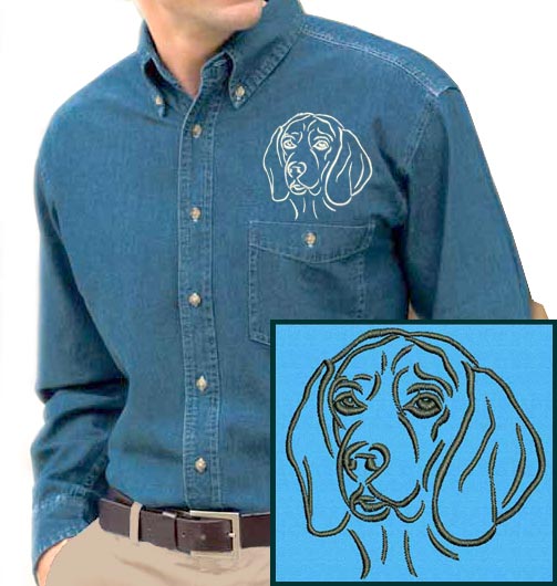 Beagle Portrait #1 Embroidered Men's Denim Shirt - Click Image to Close