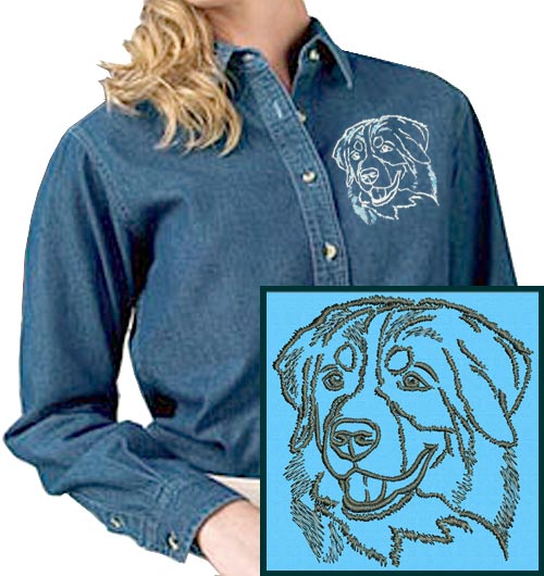 Bernese Mountain Dog Portrait #1 Embroidered Women's Denim Shirt - Click Image to Close