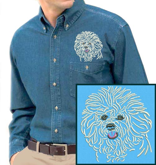 Bichon Frise Portrait #1 Embroidered Men's Denim Shirt - Click Image to Close