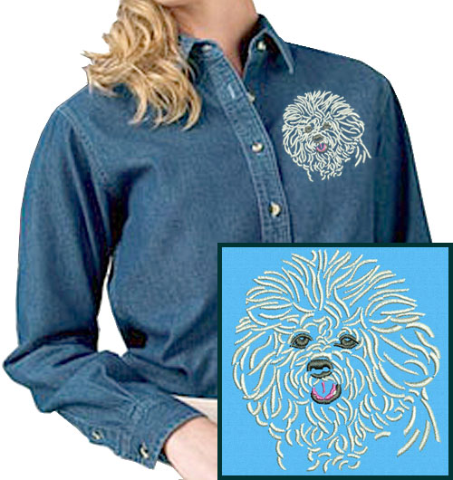 Bichon Frise Portrait #1 Embroidered Women's Denim Shirt - Click Image to Close