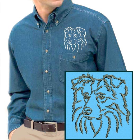 Border Collie Portrait #1 Embroidered Men's Denim Shirt - Click Image to Close