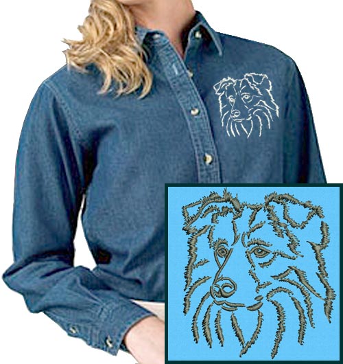 Border Collie Portrait #1 Embroidered Women's Denim Shirt - Click Image to Close