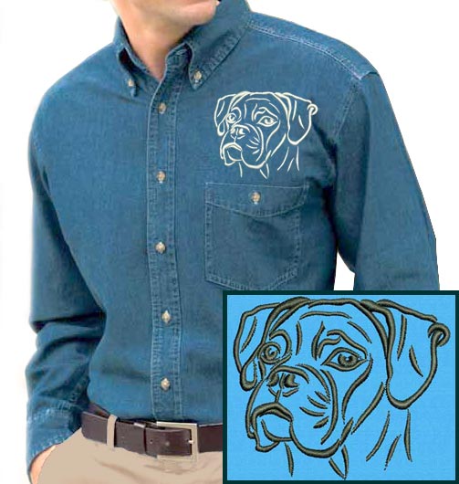 Boxer Portrait #1 Embroidered Men's Denim Shirt - Click Image to Close