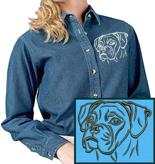Boxer Portrait #1 Embroidered Women's Denim Shirt - Click Image to Close