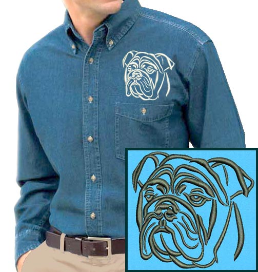 Bulldog Portrait #1 Embroidered Men's Denim Shirt - Click Image to Close