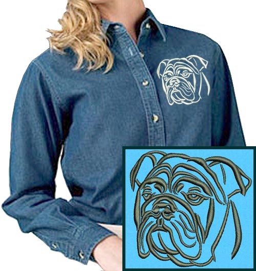 Bulldog Portrait #1 Embroidered Women's Denim Shirt - Click Image to Close