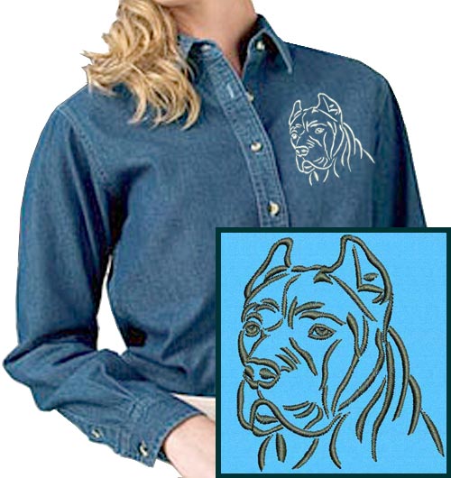 Cane Corso Portrait #1 Embroidered Women's Denim Shirt - Click Image to Close