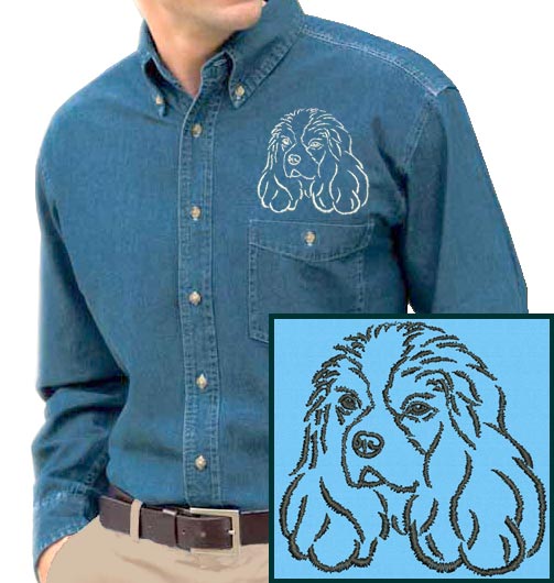 Cavalier Spaniel Portrait #1 Embroidered Men's Denim Shirt - Click Image to Close