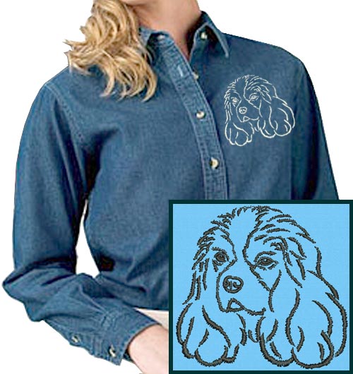 Cavalier Spaniel Portrait #1 Embroidered Women's Denim Shirt - Click Image to Close