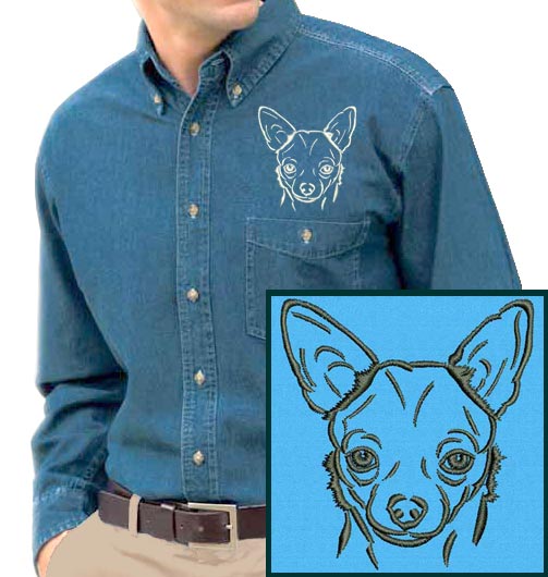Chihuahua Portrait #1 Embroidered Men's Denim Shirt - Click Image to Close