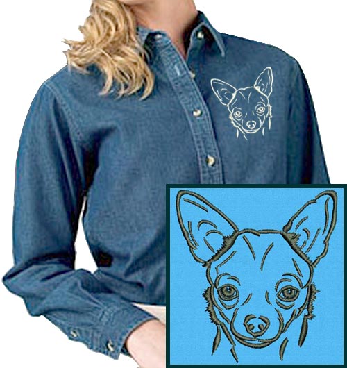 Chihuahua Portrait #1 Embroidered Women's Denim Shirt - Click Image to Close