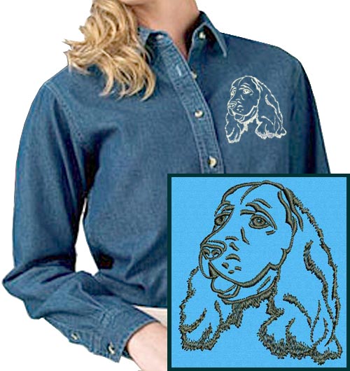 Cocker Spaniel Portrait #1 Embroidered Women's Denim Shirt - Click Image to Close