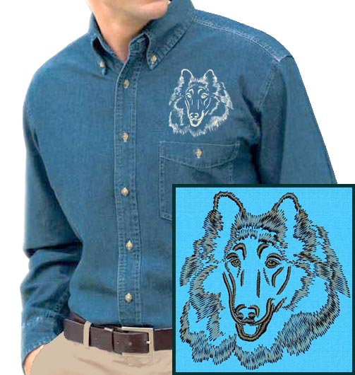Collie Portrait #1 Embroidered Men's Denim Shirt - Click Image to Close