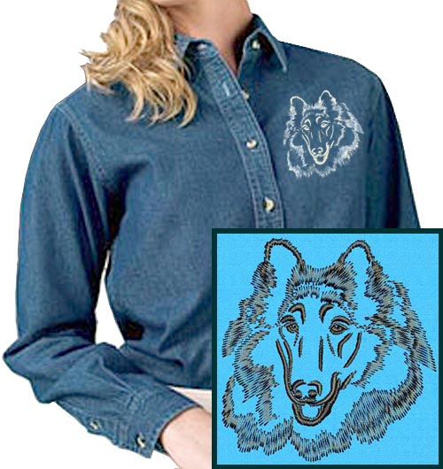 Collie Portrait #1 Embroidered Women's Denim Shirt - Click Image to Close