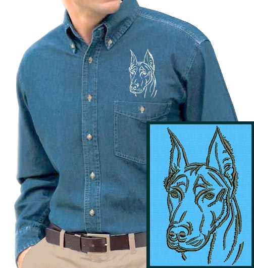 Doberman Portrait #1 Embroidered Men's Denim Shirt - Click Image to Close