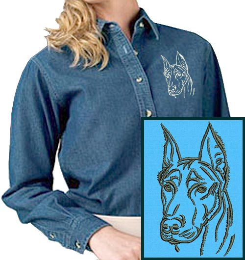 Doberman Portrait #1 Embroidered Women's Denim Shirt - Click Image to Close