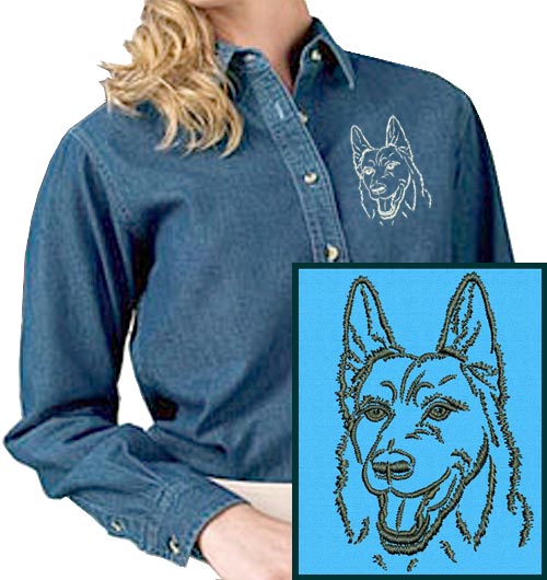 German Shepherd Portrait_#2 Embroidered Women's Denim Shirt - Click Image to Close