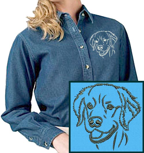 Golden Retriever Portrait #1 Embroidered Women's Denim Shirt - Click Image to Close