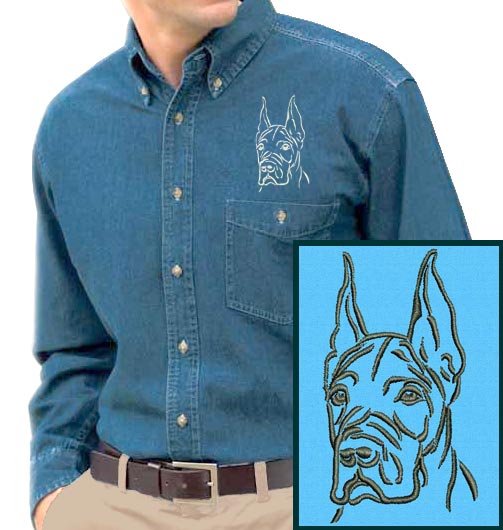 Great Dane Portrait #1 Embroidered Men's Denim Shirt - Click Image to Close