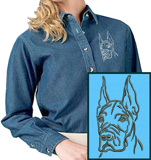 Great Dane Portrait #1 Embroidered Women's Denim Shirt - Click Image to Close