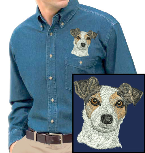 Jack Russell Terrier HD Portrait #1 Embroidered Mens Denim Shirt - Click Image to Close