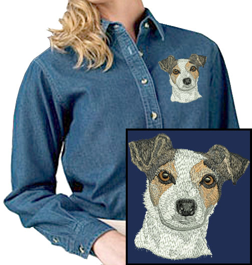 Jack Russell Terrier HD Portrait #1 Embroidered Women DenimShirt - Click Image to Close