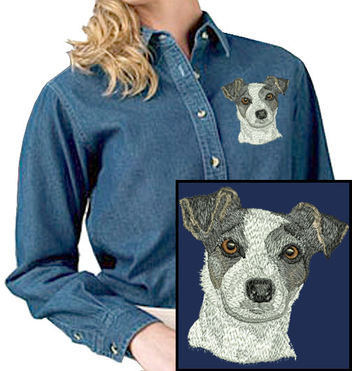 Jack Russell Terrier HD Portrait #3 Embroidered Women DenimShirt - Click Image to Close