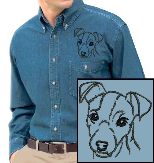 Jack Russell Terrier Portrait #1 Embroidered Men's Denim Shirt - Click Image to Close