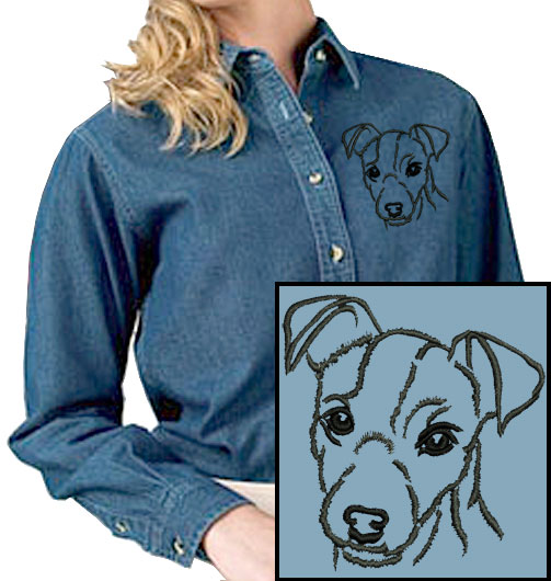 Jack Russell Terrier Portrait #1 Embroidered Women's Denim Shirt - Click Image to Close