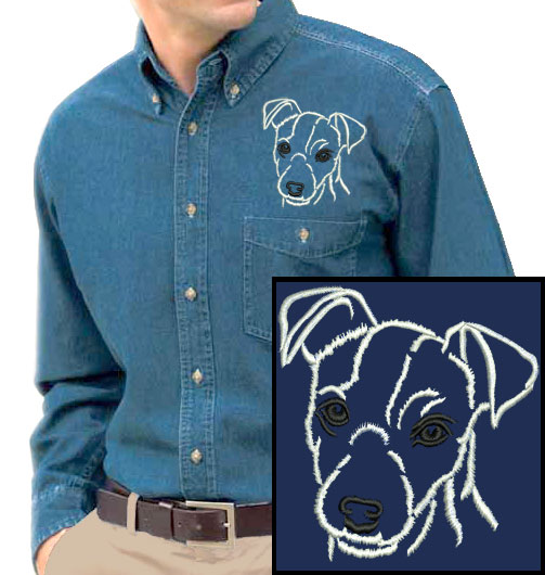 Jack Russell Terrier Portrait #2 Embroidered Men's Denim Shirt - Click Image to Close