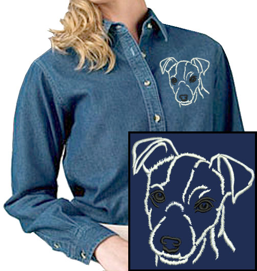 Jack Russell Terrier Portrait #2 Embroidered Women's Denim Shirt - Click Image to Close