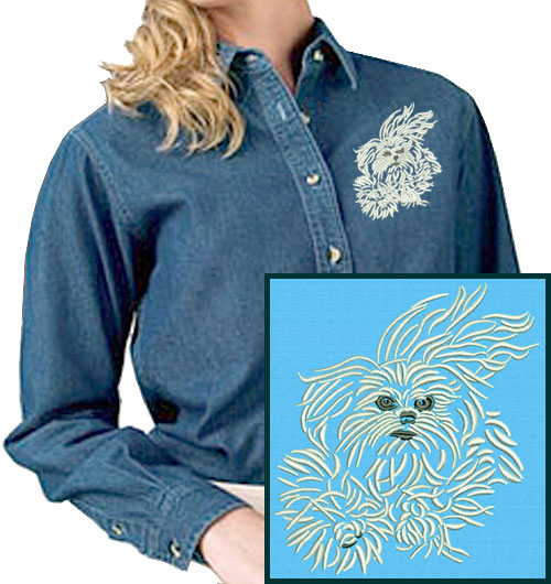 Maltese Agility #1 Embroidered Women's Denim Shirt - Click Image to Close
