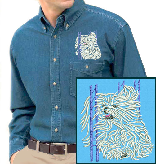 Maltese Agility #2 Embroidered Men's Denim Shirt - Click Image to Close