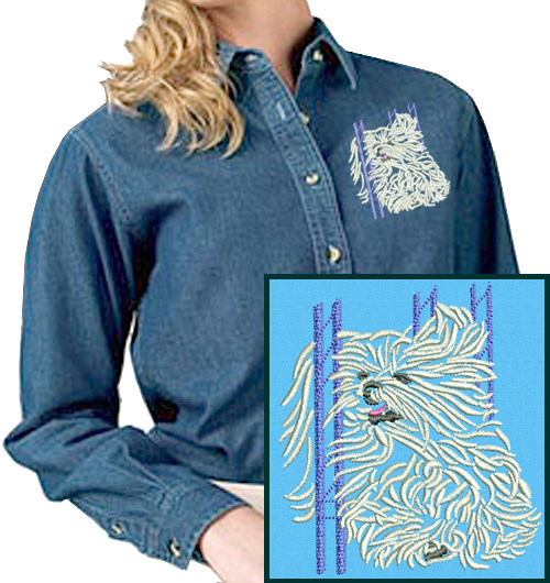 Maltese Agility #2 Embroidered Women's Denim Shirt - Click Image to Close