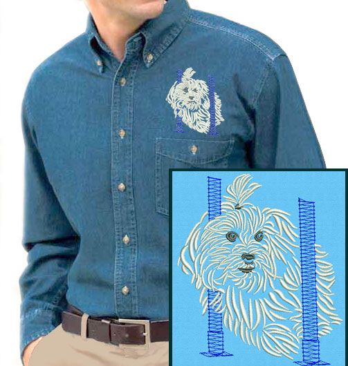 Maltese Agility #3 Embroidered Men's Denim Shirt - Click Image to Close