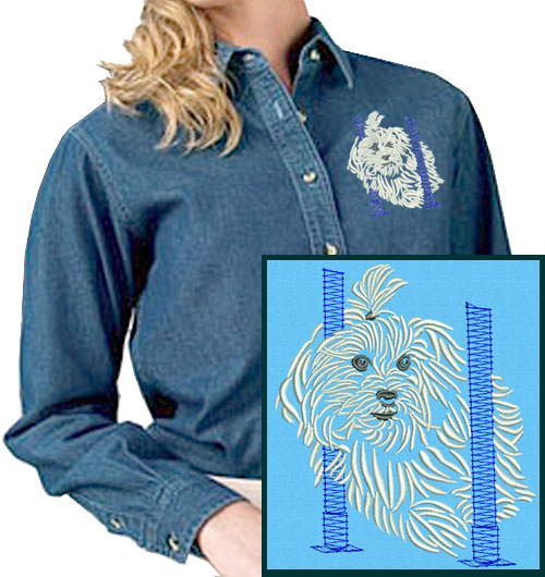 Maltese Agility #3 Embroidered Women's Denim Shirt - Click Image to Close