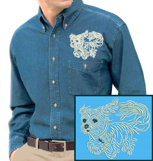 Maltese Agility #4 Embroidered Men's Denim Shirt - Click Image to Close