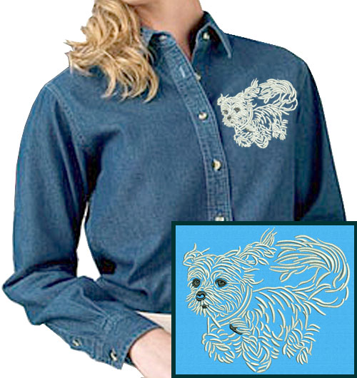 Maltese Agility #4 Embroidered Women's Denim Shirt - Click Image to Close