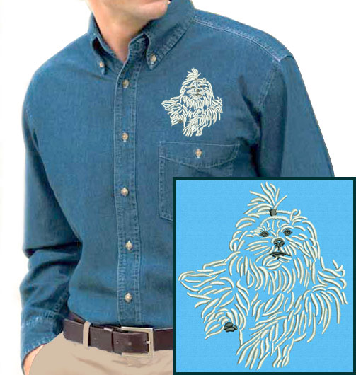 Maltese Agility #5 Embroidered Men's Denim Shirt - Click Image to Close