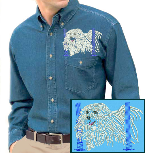 Maltese Agility #6 Embroidered Men's Denim Shirt - Click Image to Close