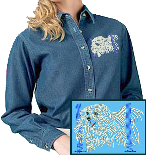 Maltese Agility #6 Embroidered Women's Denim Shirt - Click Image to Close