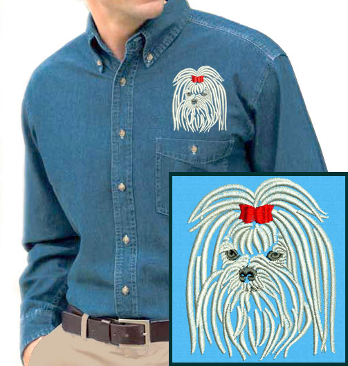 Maltese Portrait #1 Embroidered Men's Denim Shirt - Click Image to Close