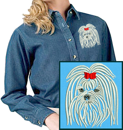 Maltese Portrait #1 Embroidered Women's Denim Shirt - Click Image to Close