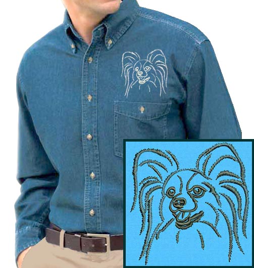 Papillon Dog Portrait #1 Embroidered Men's Denim Shirt - Click Image to Close