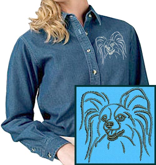 Papillon Dog Portrait #1 Embroidered Women's Denim Shirt - Click Image to Close