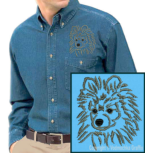 Pomeranian Portrait #1 Embroidered Men's Denim Shirt - Click Image to Close