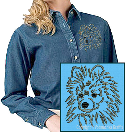 Pomeranian Portrait #1 Embroidered Women's Denim Shirt - Click Image to Close