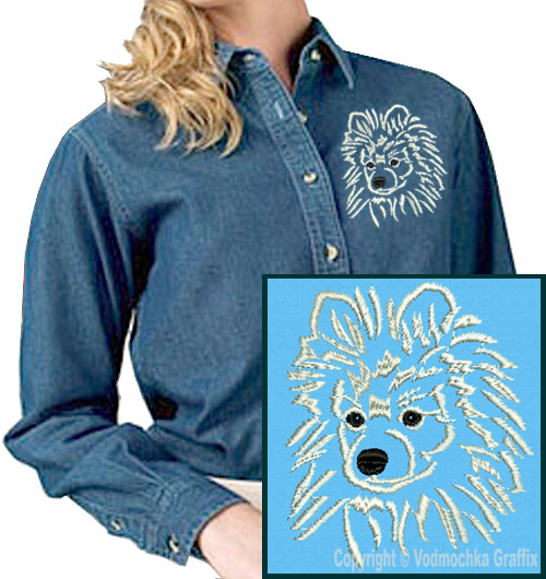 Pomeranian Portrait #2 Embroidered Women's Denim Shirt - Click Image to Close