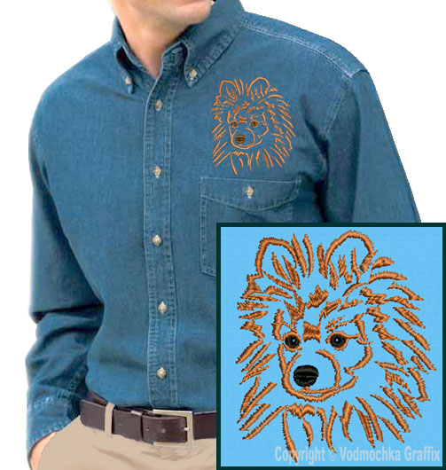 Pomeranian Portrait #3 Embroidered Men's Denim Shirt - Click Image to Close